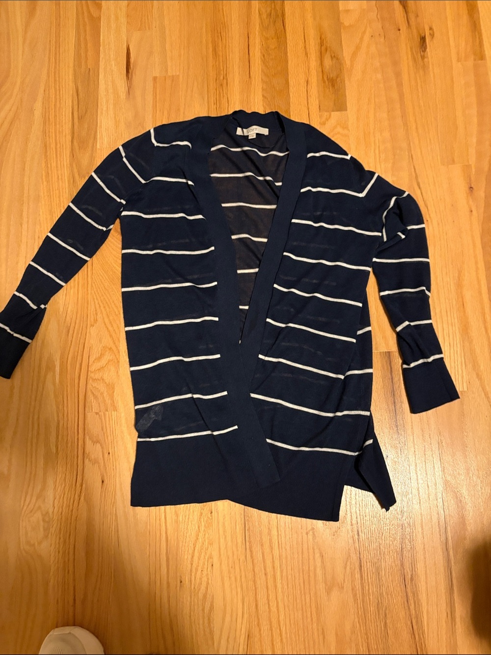 LOFT Navy and White Striped Open Cardigan